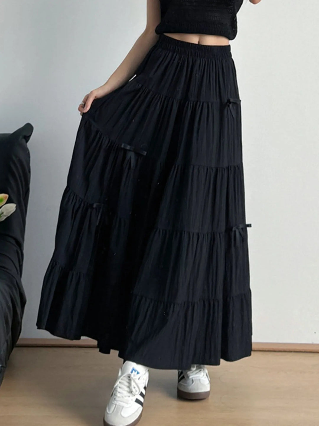 Black Tiered bow-accent maxi skirt with elastic smocked waist