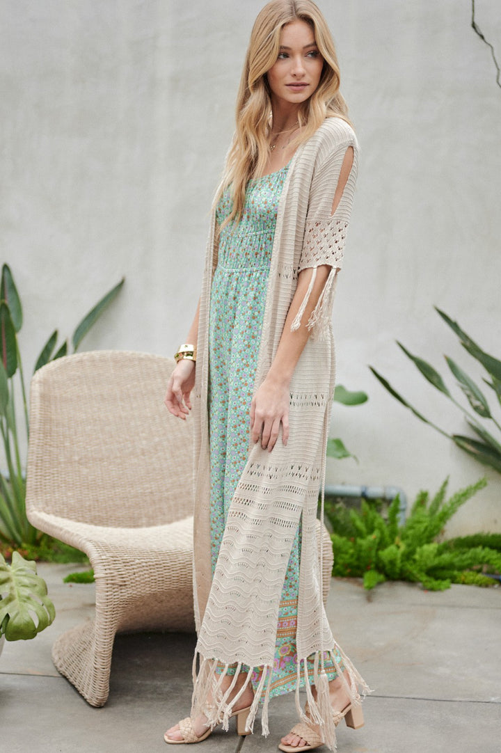 Solid Long Cardigan With Fringe - Azoroh