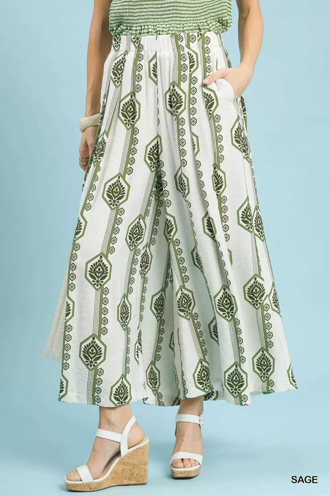 SAGE Geometric boho print wide leg pants with smocked waist