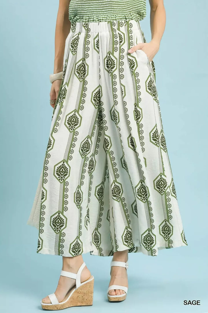 SAGE Geometric boho print wide leg pants with smocked waist