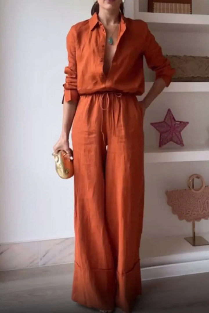Long sleeve button-down shirt and wide-leg drawstring pants set