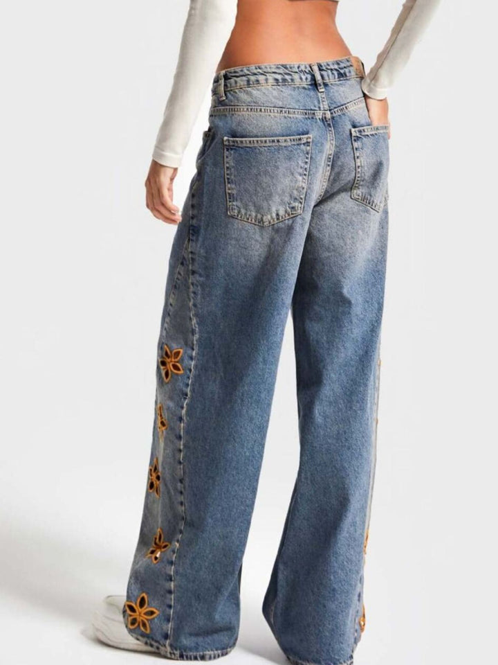 Distressed wide leg jeans with floral embroidery