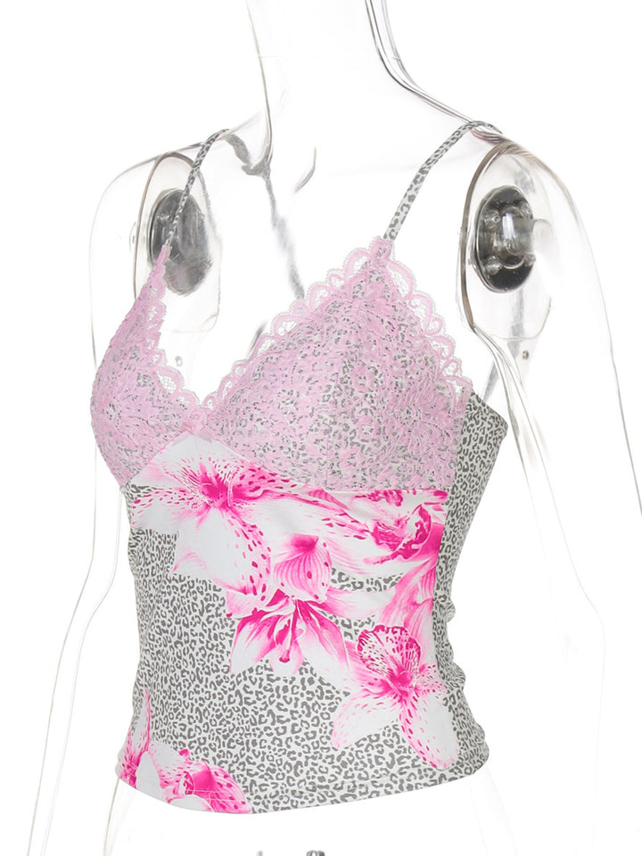 Lace trim ruched cami with leopard print and bow
