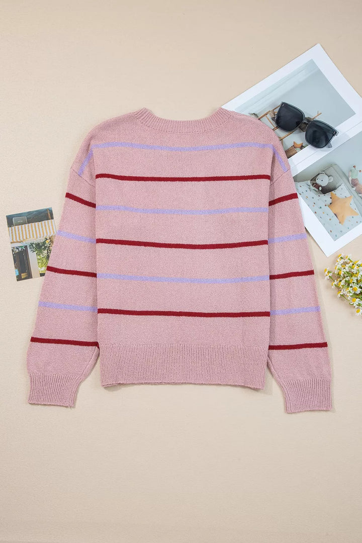 Striped drop-shoulder knit sweater with ribbed cuffs