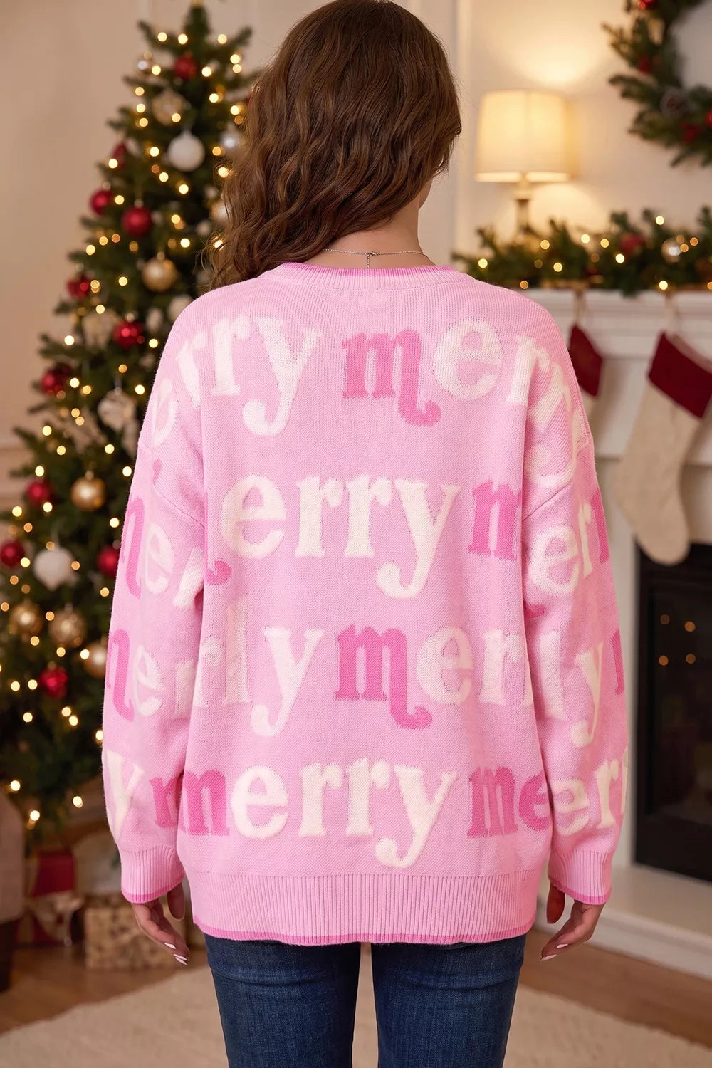 Merry letter print crew neck knit holiday sweater