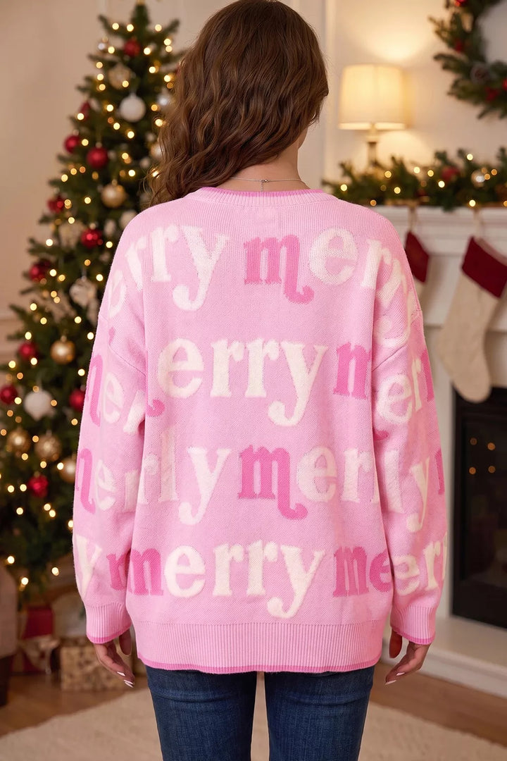 Merry letter print crew neck knit holiday sweater
