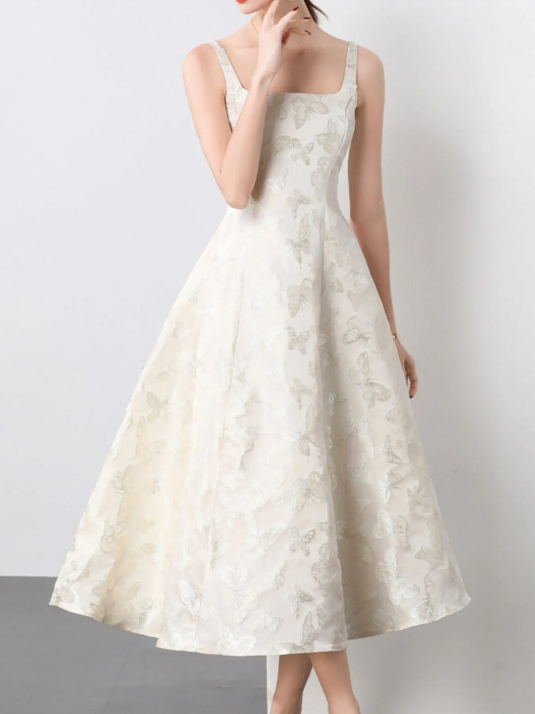 Butterfly jacquard square-neck A-line midi dress