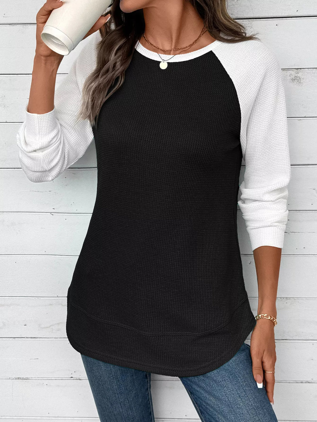 Contrast raglan waffle knit long sleeve top