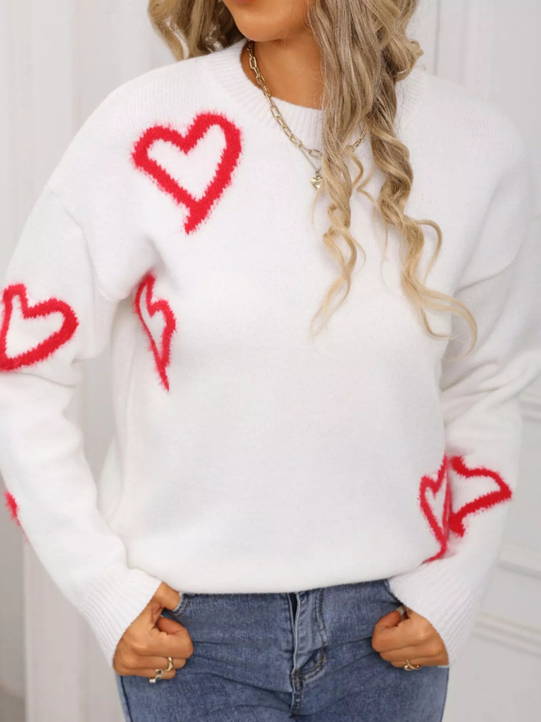 White Fuzzy heart crew neck sweater with ribbed trim