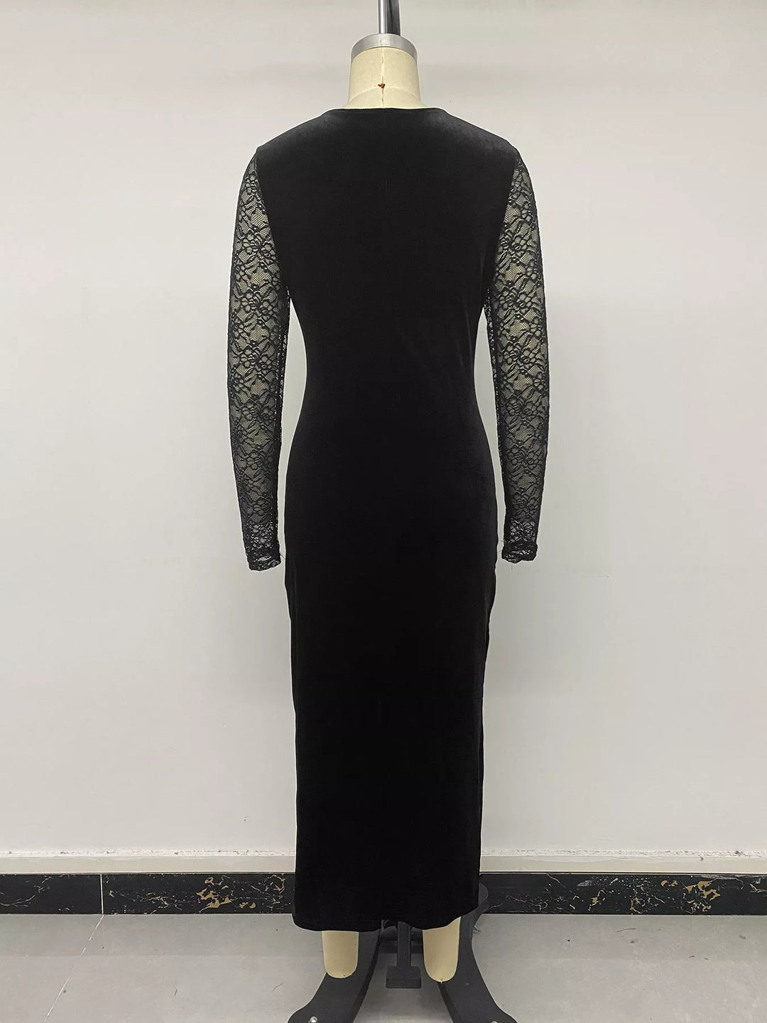 Lace bodice velvet midi dress with long sheer sleeves
