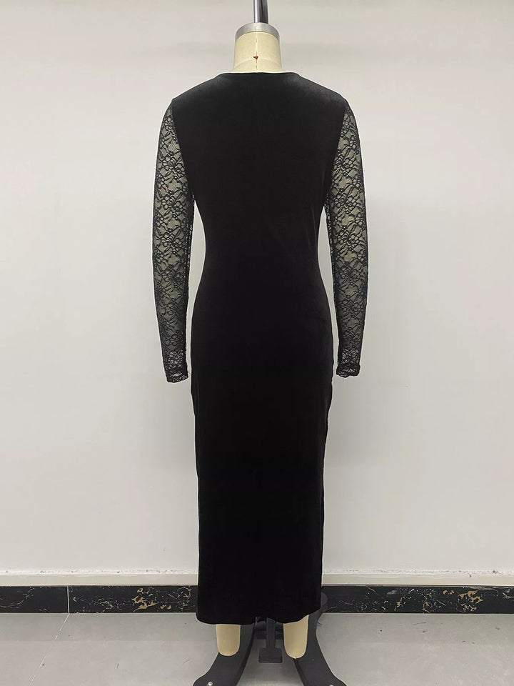 Lace bodice velvet midi dress with long sheer sleeves