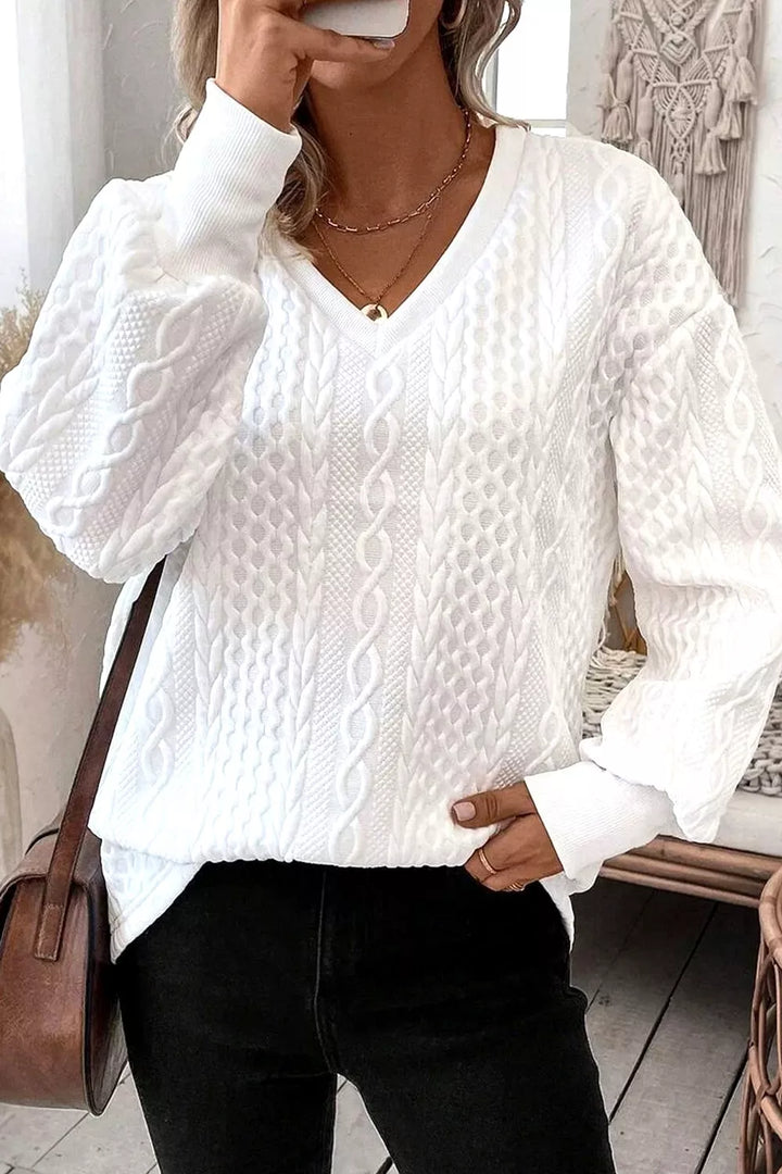 White Cable-knit drop-shoulder V-neck pullover sweater
