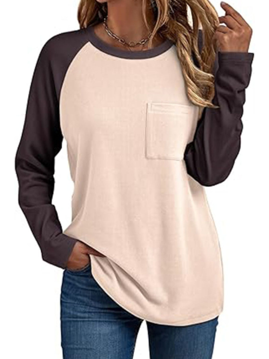Tan Colorblock raglan long sleeve tee with chest pocket
