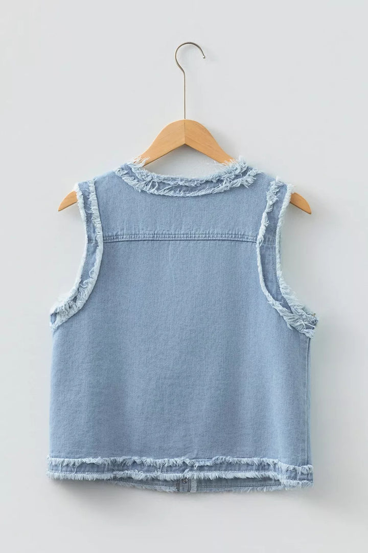 Frayed edge denim vest with snap flap pockets