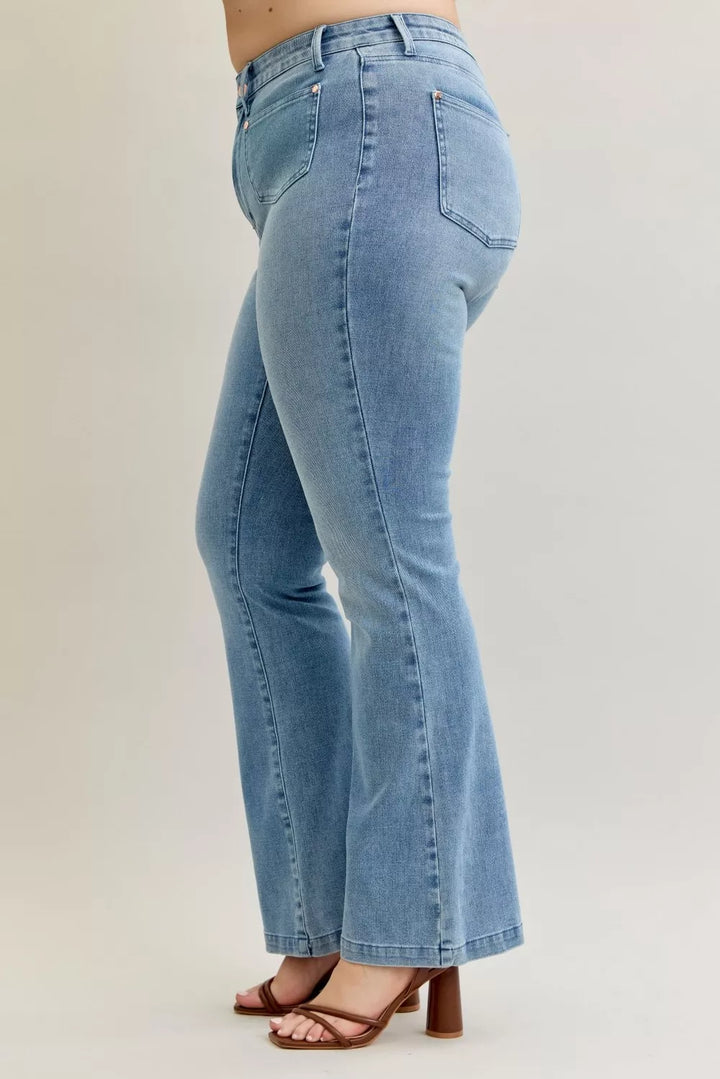Mid-rise contrast wash bootcut jeans with front patch pockets