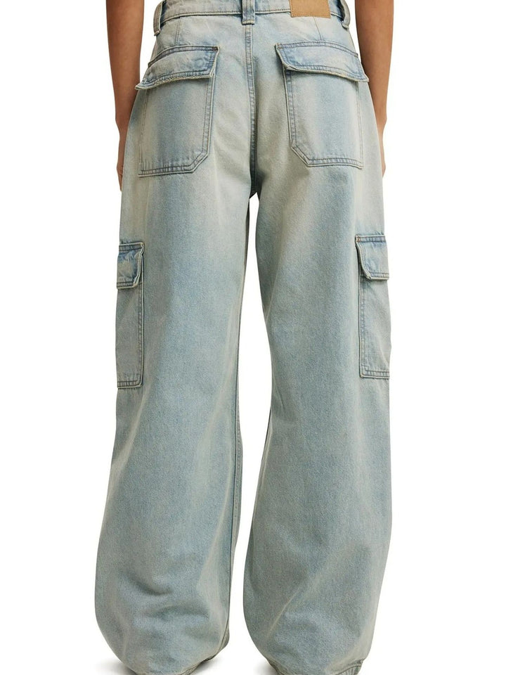 Wide leg cargo jeans with side flap pockets
