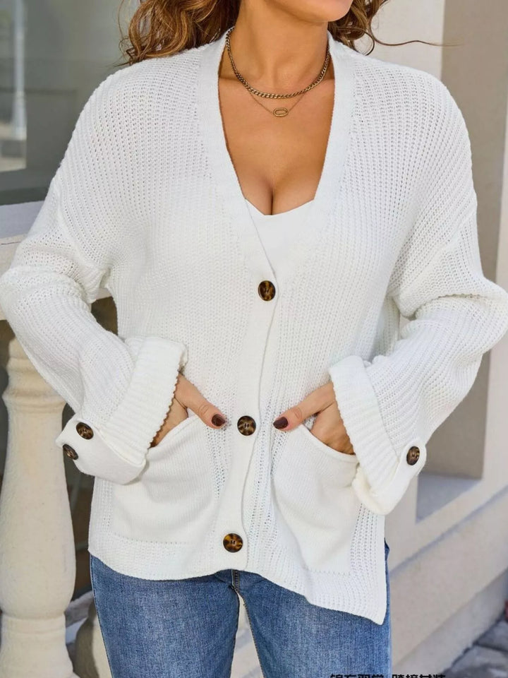 Oversized ribbed knit button-down cardigan with pockets