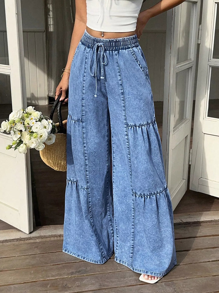 Tiered wide leg denim pants with drawstring waist