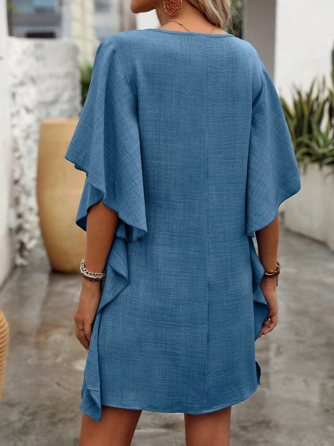 Flutter sleeve V-neck mini dress in textured weave