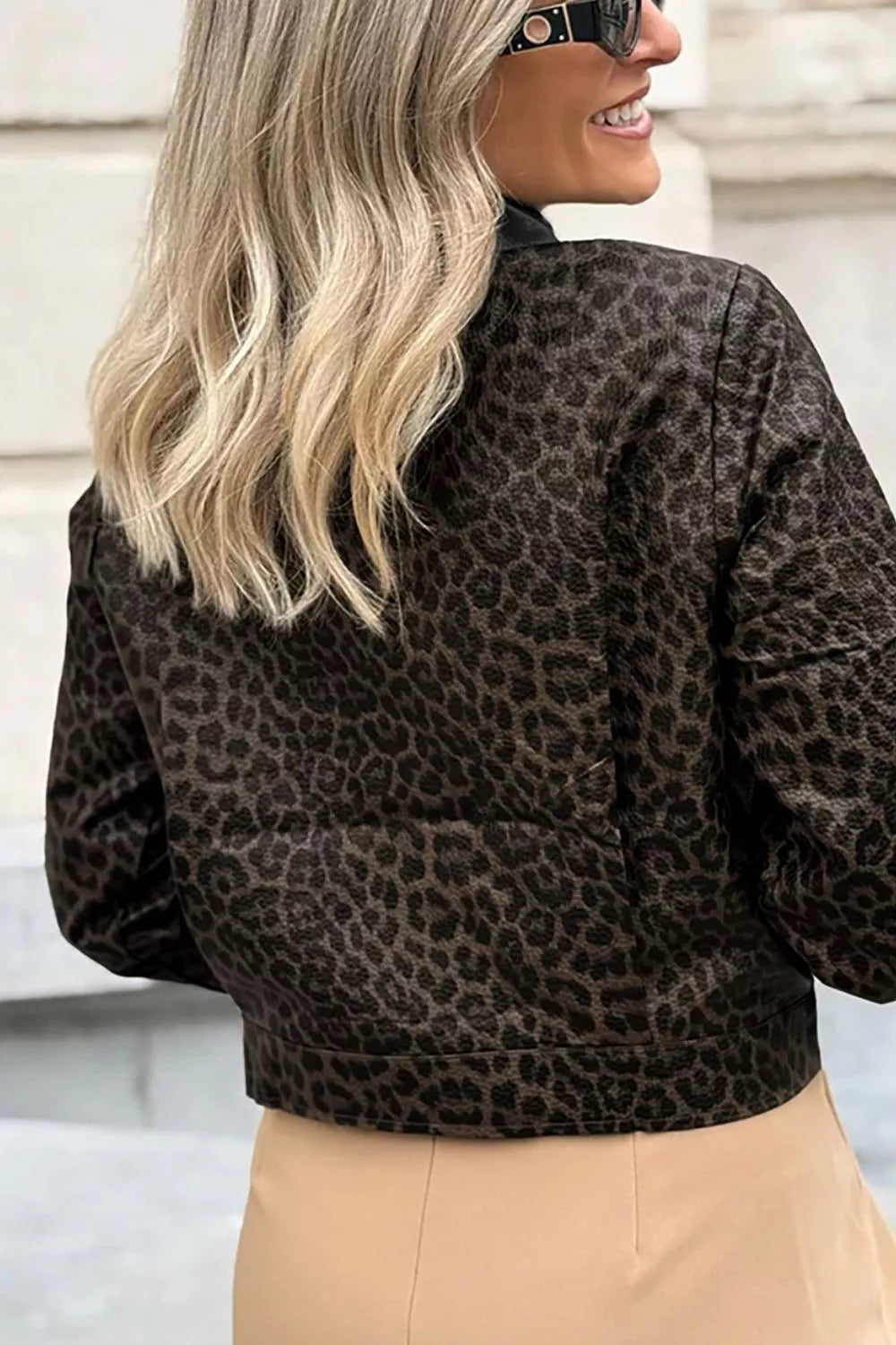 Leopard print cropped faux leather jacket with flap pockets