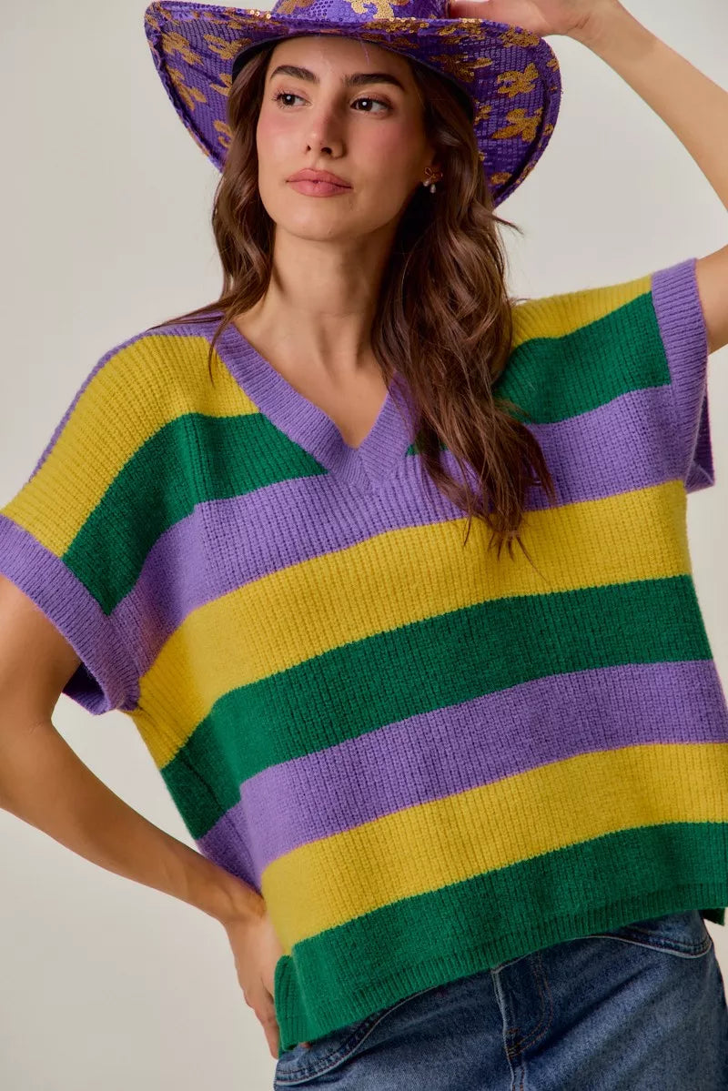 Ribbed striped V-neck short sleeve sweater top