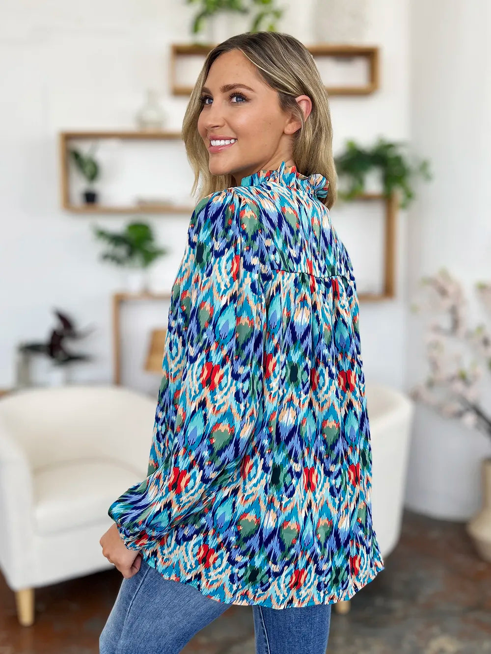 Abstract print balloon-sleeve button-down blouse