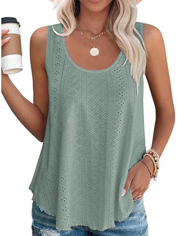 Sage Eyelet knit scoop neck flowy swing tank top
