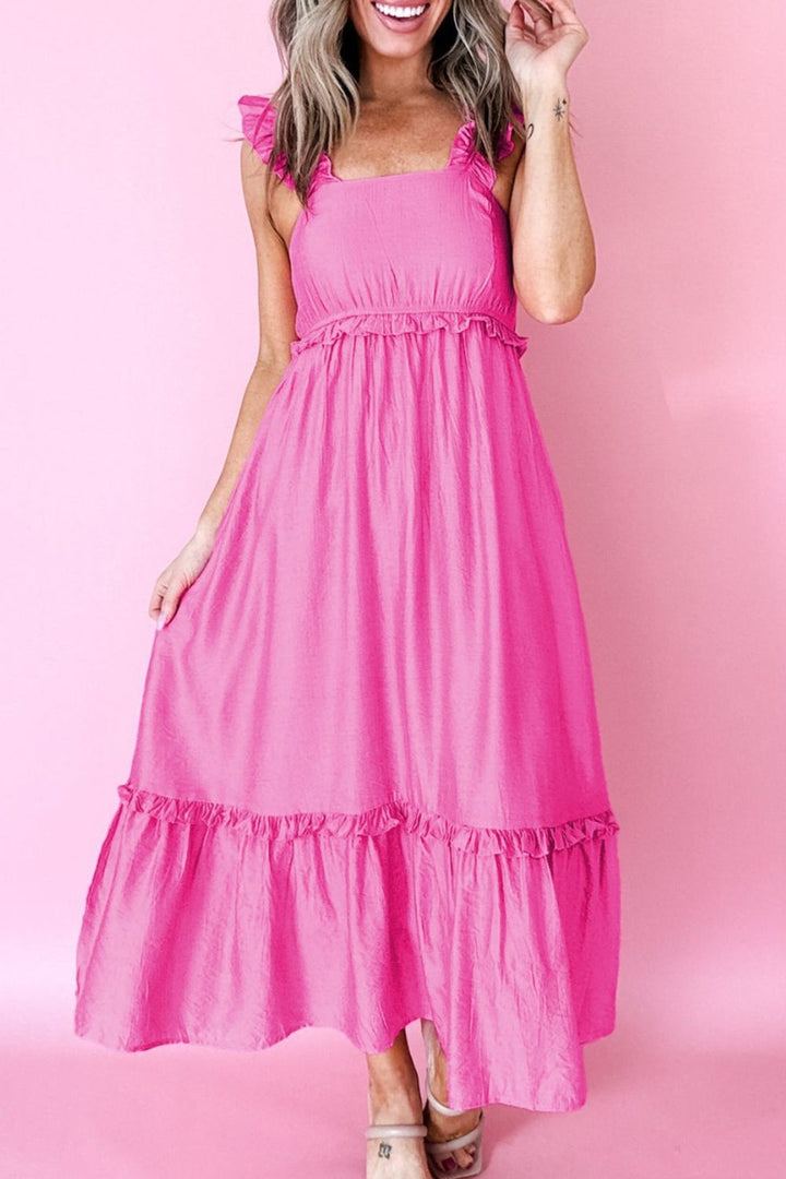 Fuchsia Pink Ruffle strap tiered maxi dress with square neckline