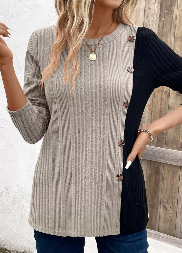 Color block ribbed knit long sleeve button top