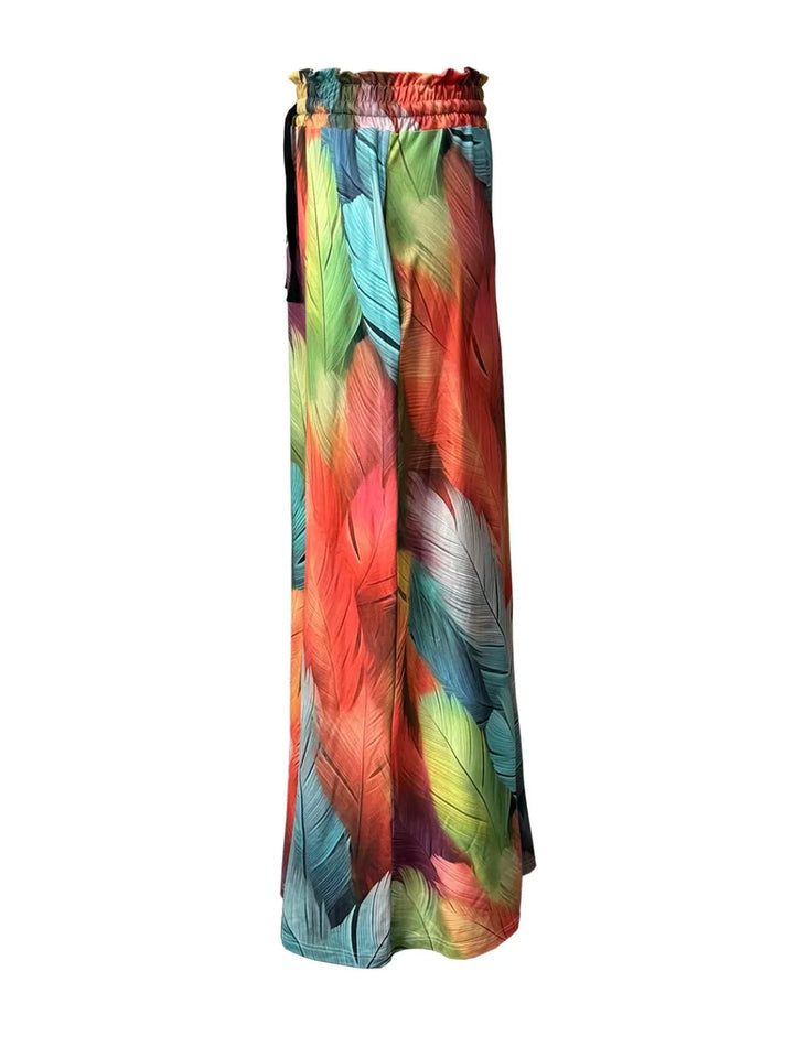 Feather print maxi skirt with drawstring waist and pockets