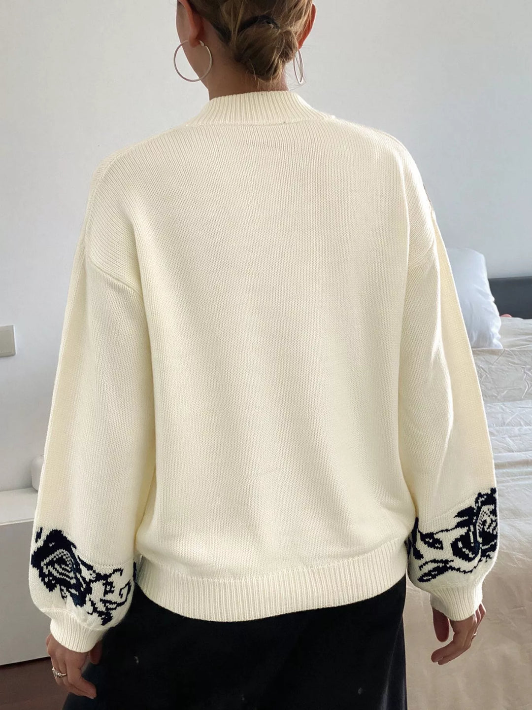 Floral jacquard V-neck dropped shoulder sweater