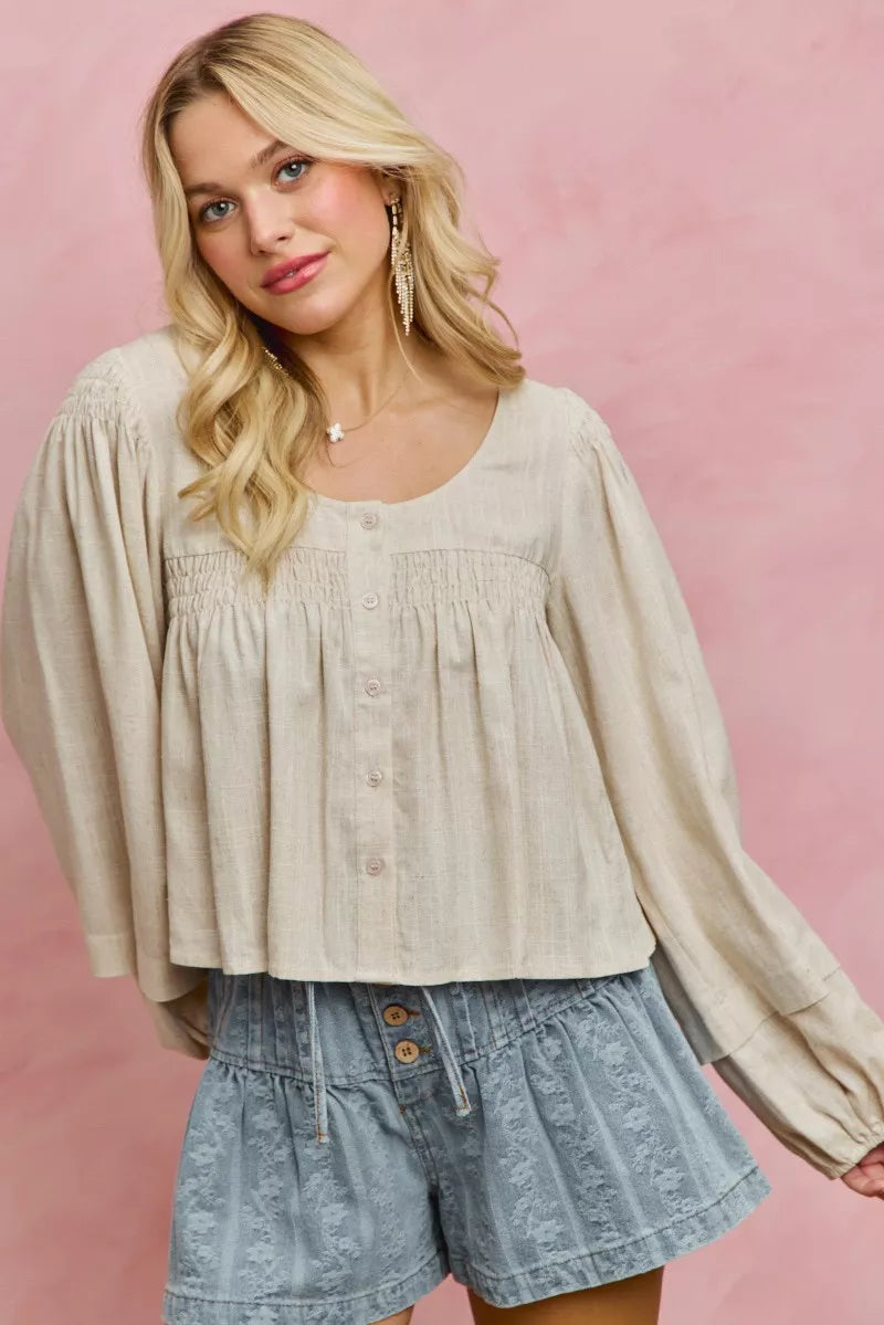 Smocked button-front puff sleeve linen blend top