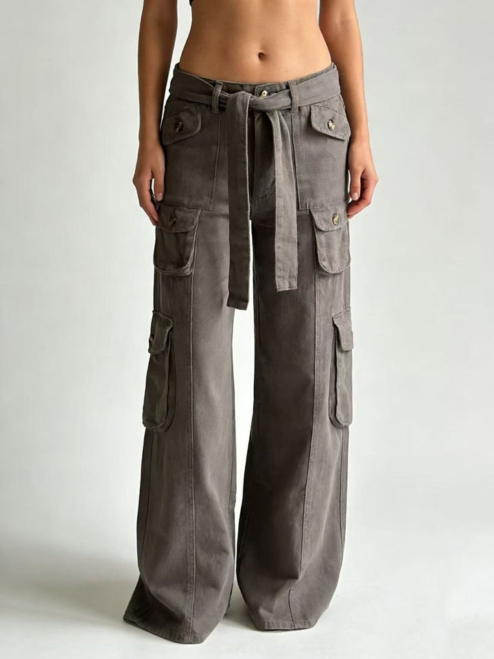 Gray Wide-leg cargo jeans with tie belt and button-flap pockets