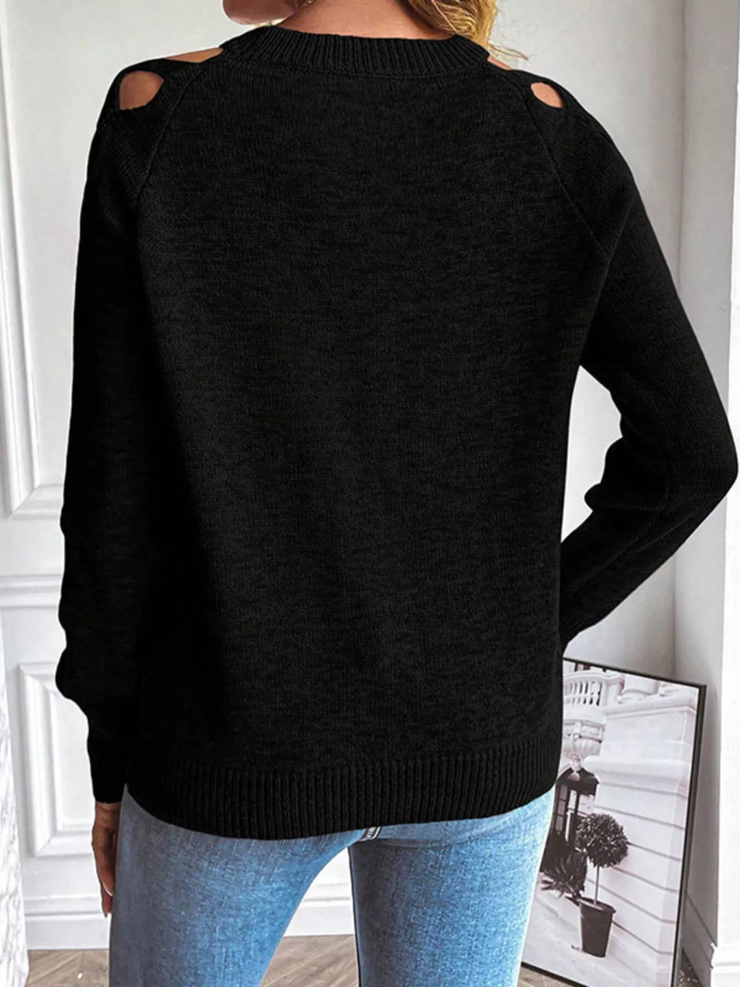 Criss-cross cutout sleeve crew neck knit sweater
