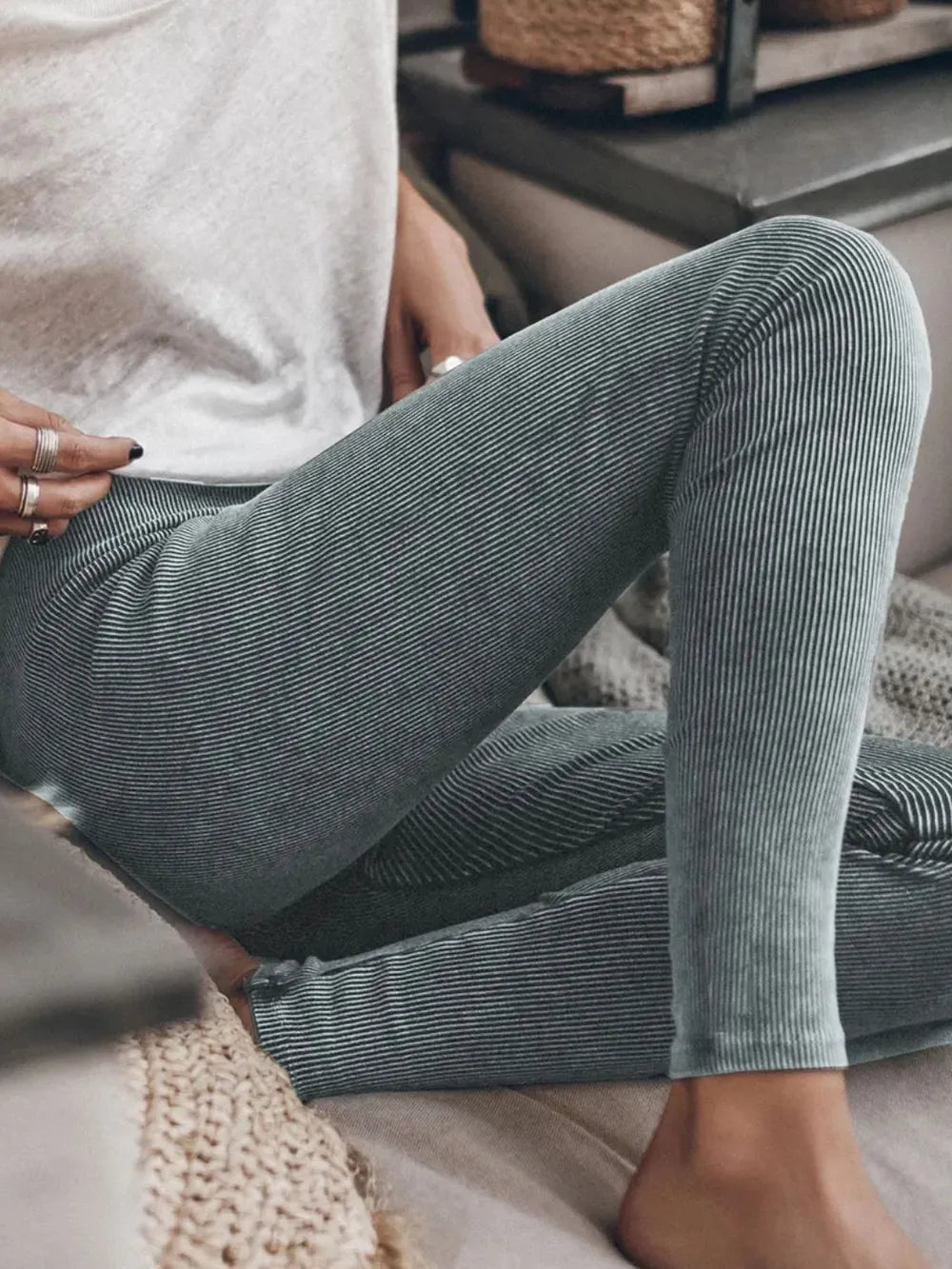 Dark Gray Ribbed cotton leggings with elastic waistband
