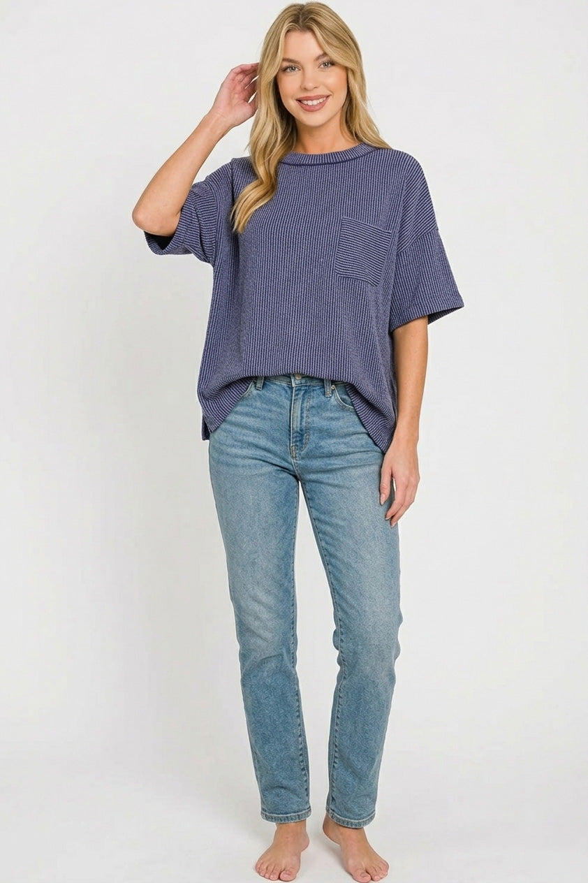 Ribbed knit short sleeve top with chest pocket