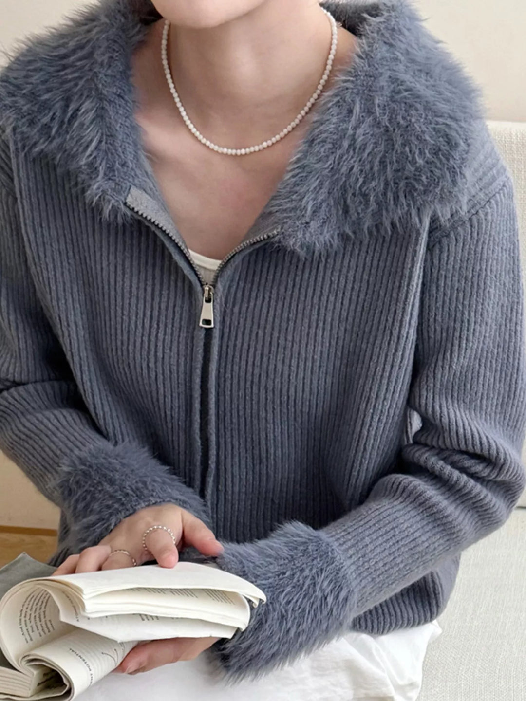 Ribbed knit zip-up cardigan with fluffy faux fur trim