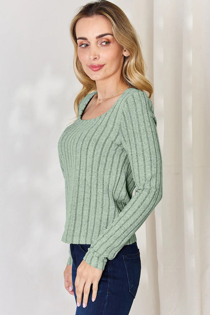 Ribbed scoop neck long sleeve fitted top