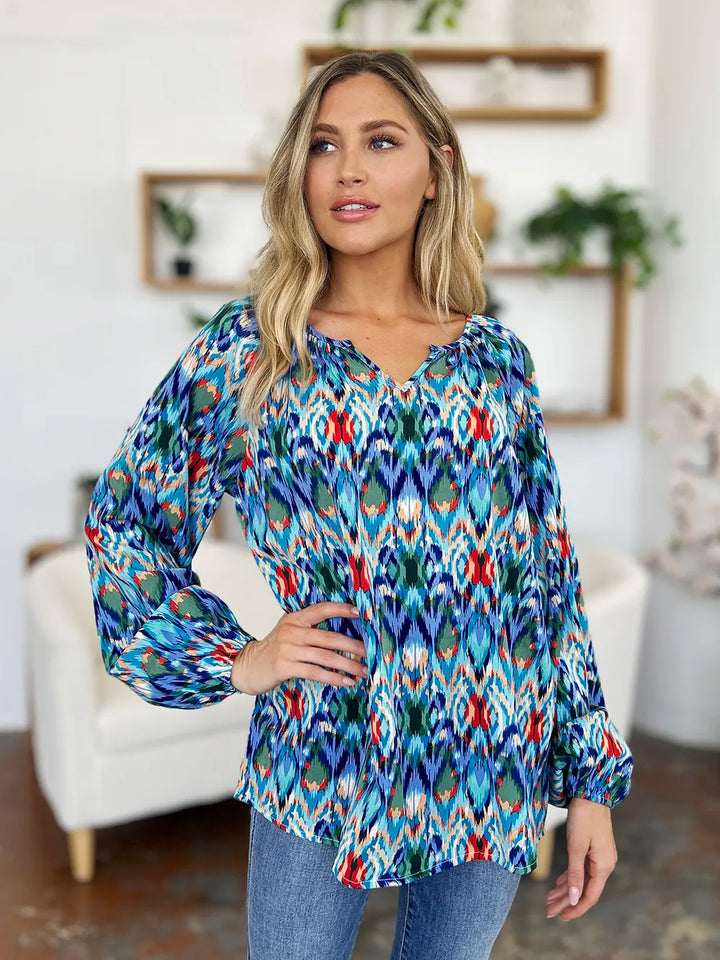 Abstract print balloon sleeve blouse with split neck
