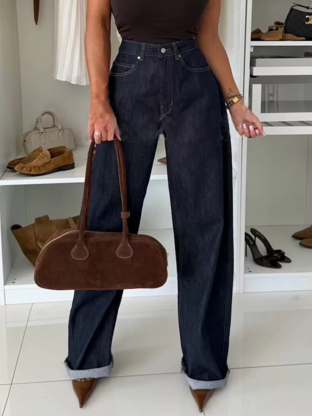 Single-breasted denim blazer and wide-leg jeans set