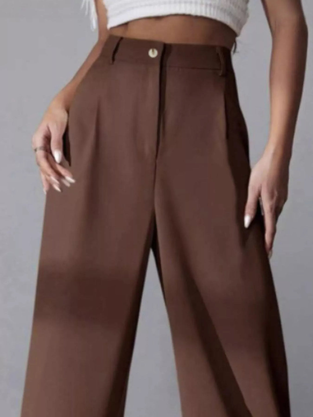 High-rise wide-leg pleated pants with button waist