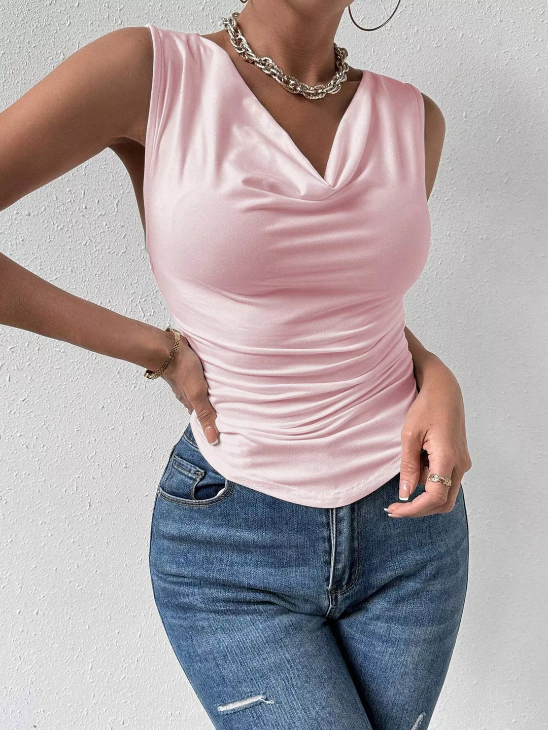 Cowl neck sleeveless ruched tank top