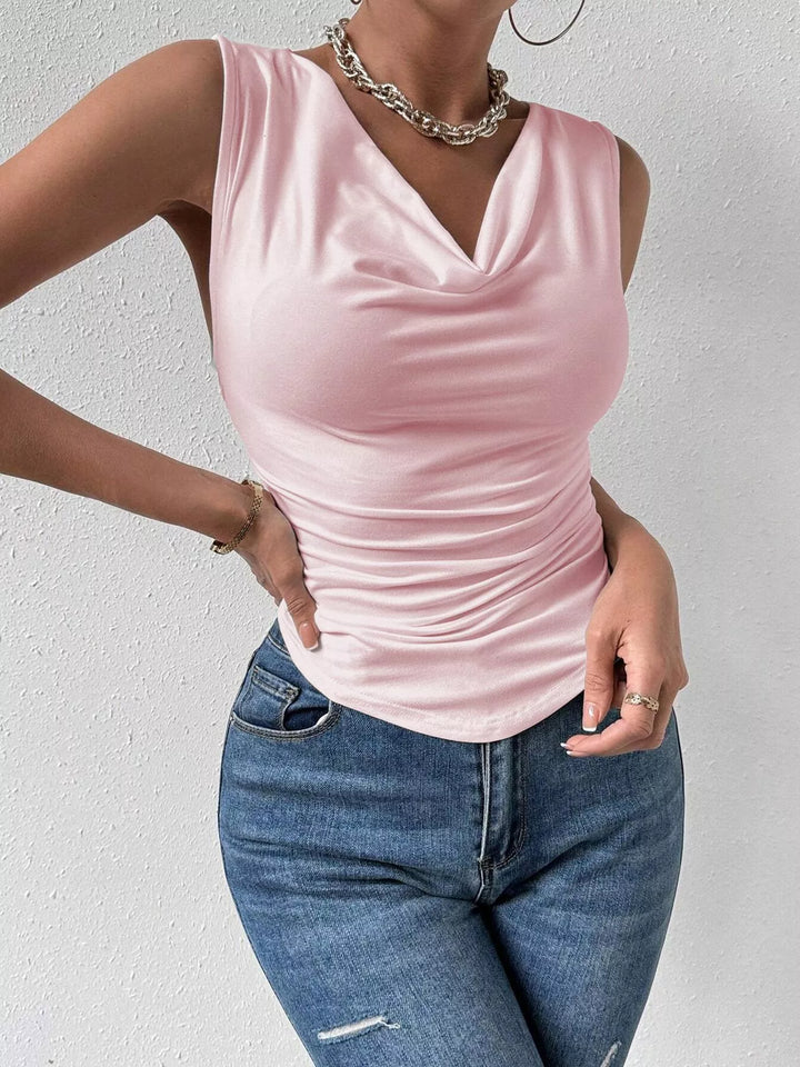 Cowl neck sleeveless ruched tank top