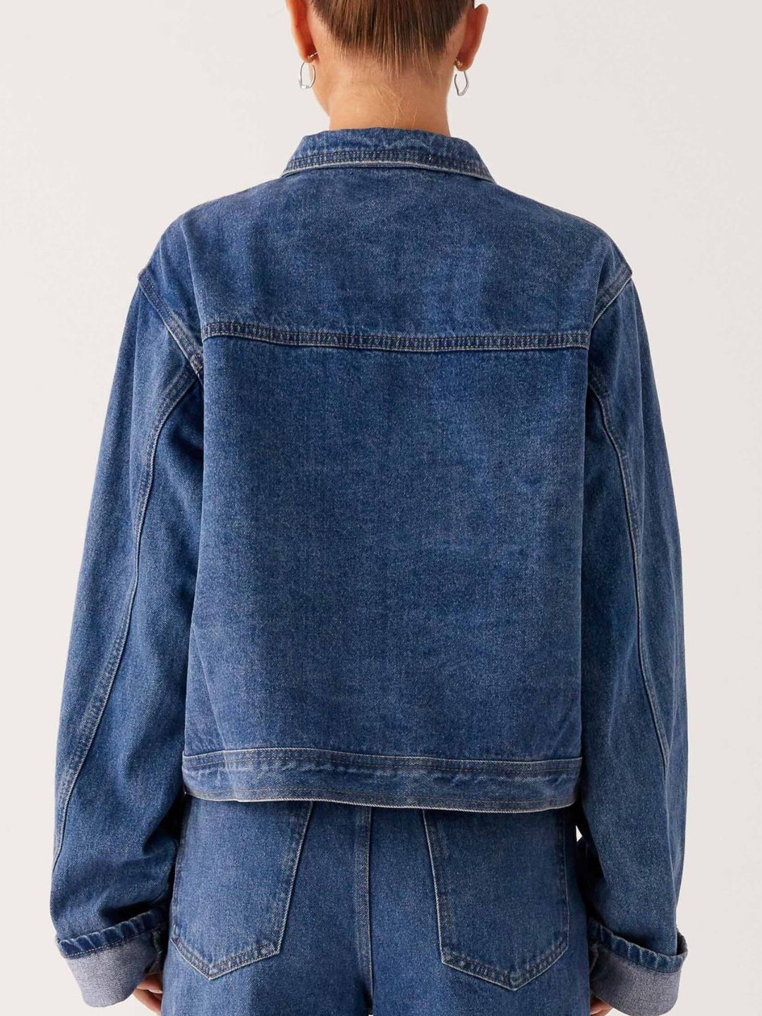 Oversized cropped denim jacket with chest flap pockets