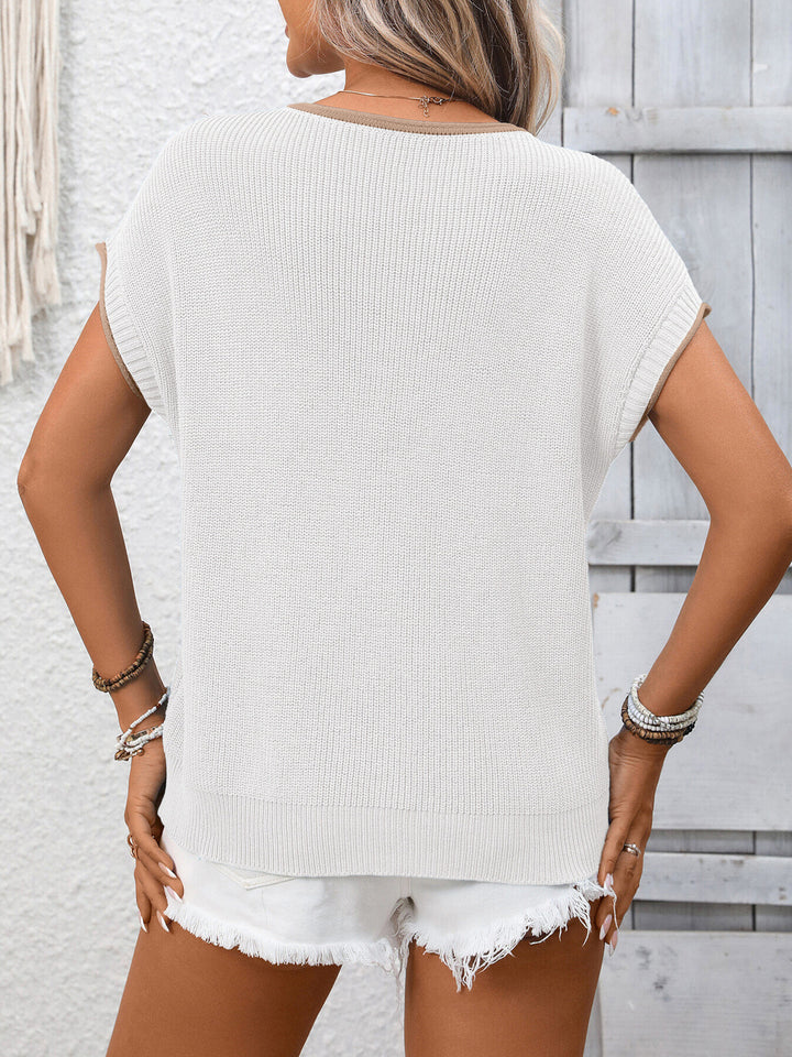 Ribbed contrast trim short sleeve sweater top