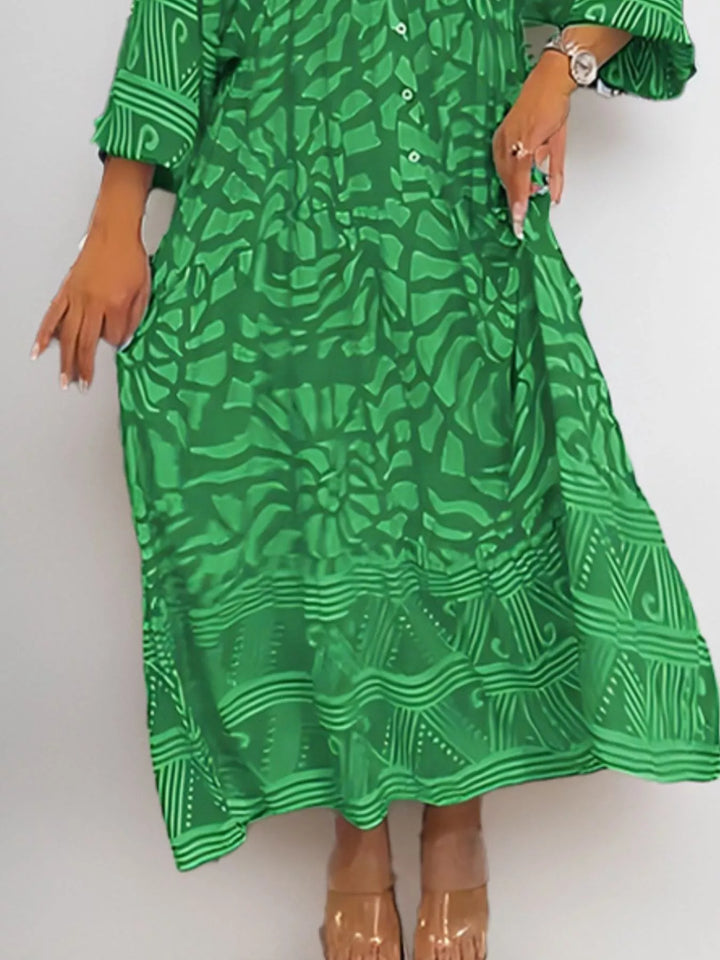 Abstract print button-front tiered midi dress