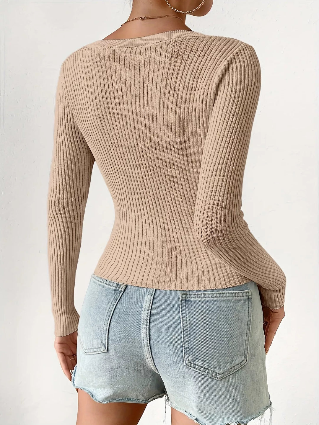 Cropped ribbed knit button-up cardigan with V-neck