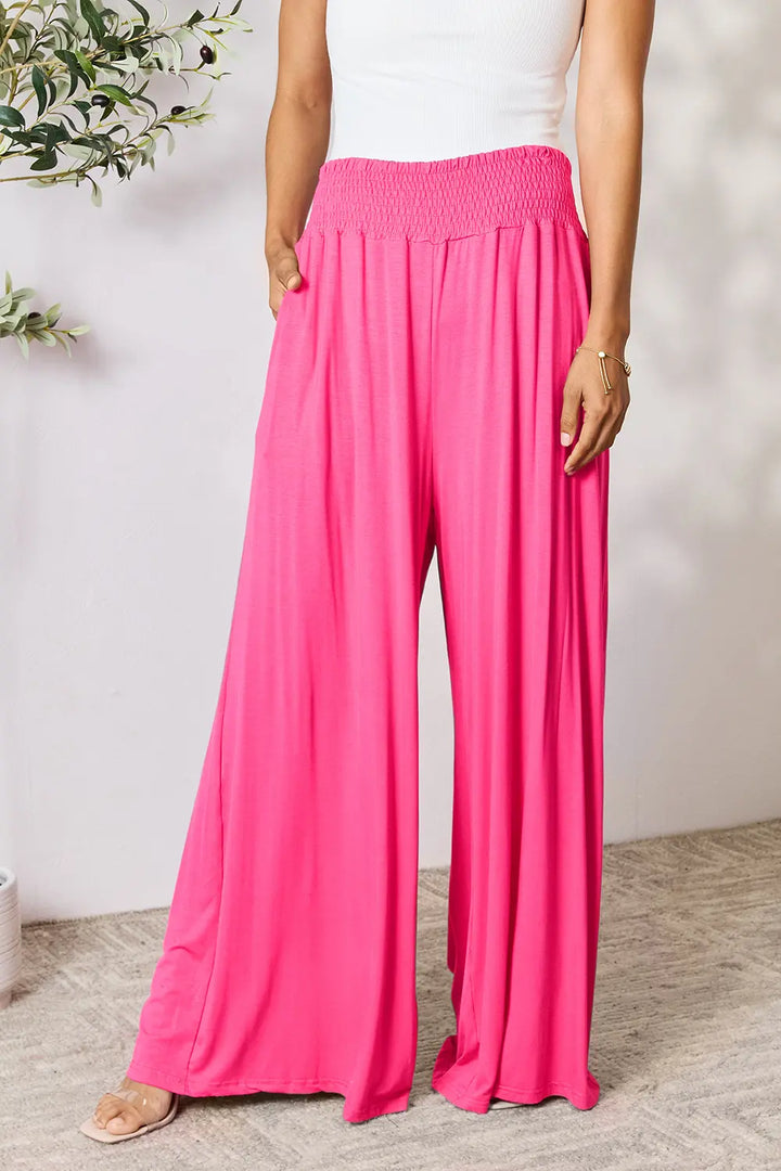 Hot Pink Smocked wide-waistband wide-leg jersey pants with pockets