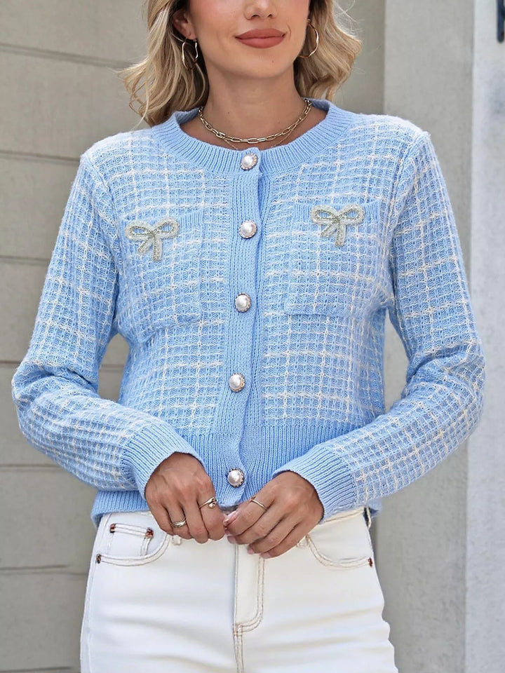 Plaid tweed knit cardigan with pearl buttons and bow patches