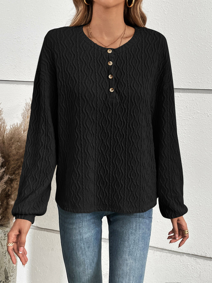 Black Textured half-button henley top with long sleeves